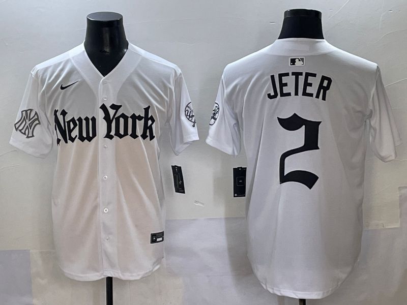 Men 2025 New York Yankees #2 Jeter White Five generations Joint Name Nike MLB Jersey style 16